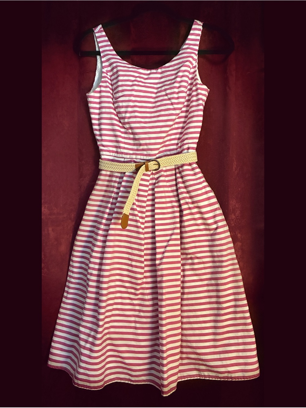 Dark Pink/White Striped Dress with Belt